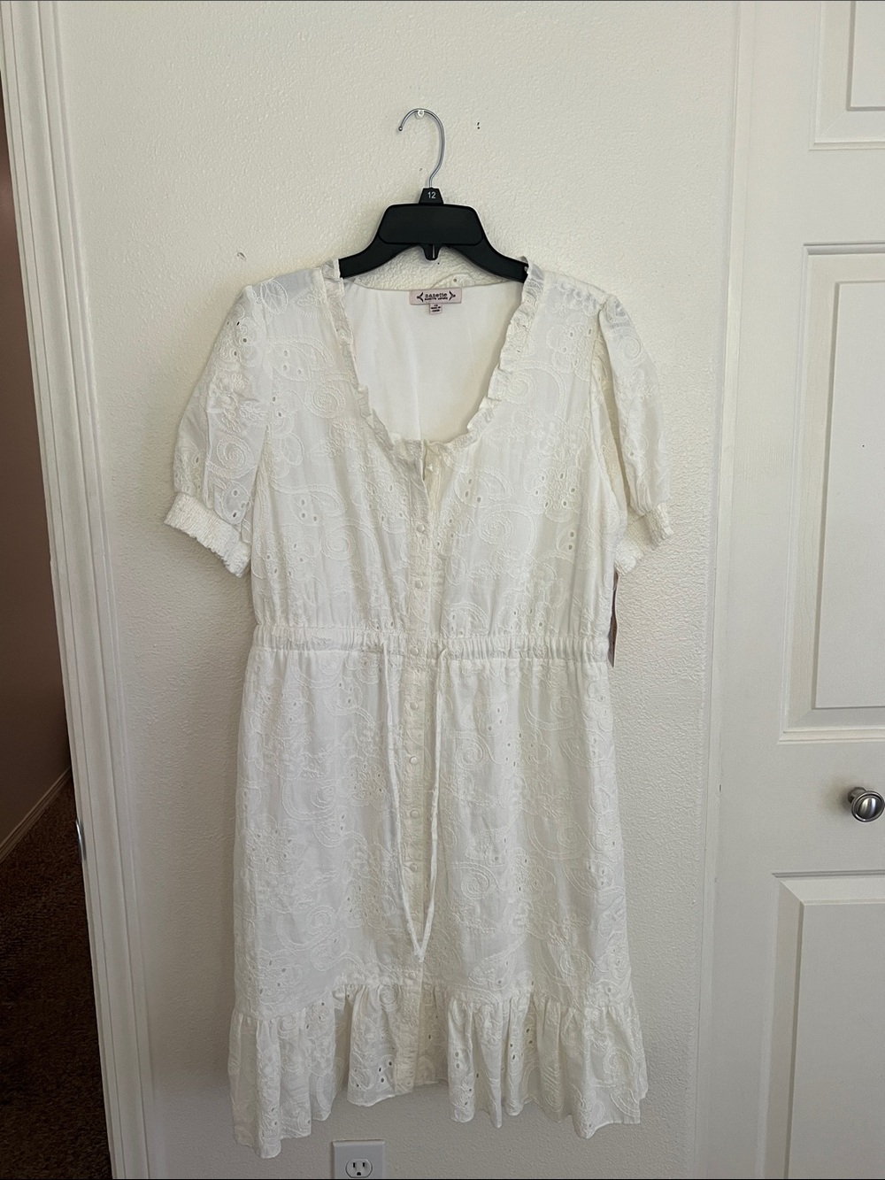 Nanette Lepore White Eyelet Midi Dress with Ruffle Trim  Great Summer Dress!!